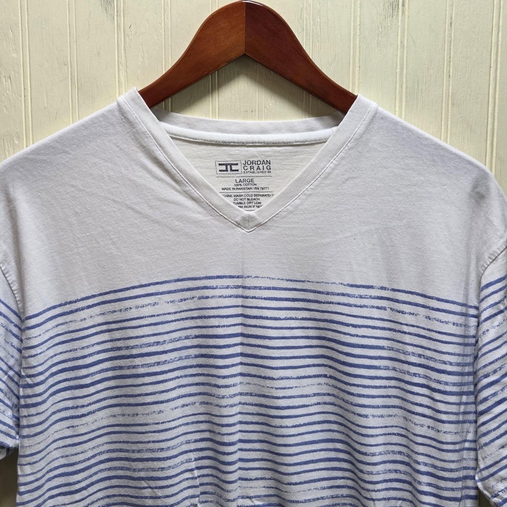 Jordan Craig Shirt Mens Large White Striped V-Neck Tagless Tee Cotton Jersey